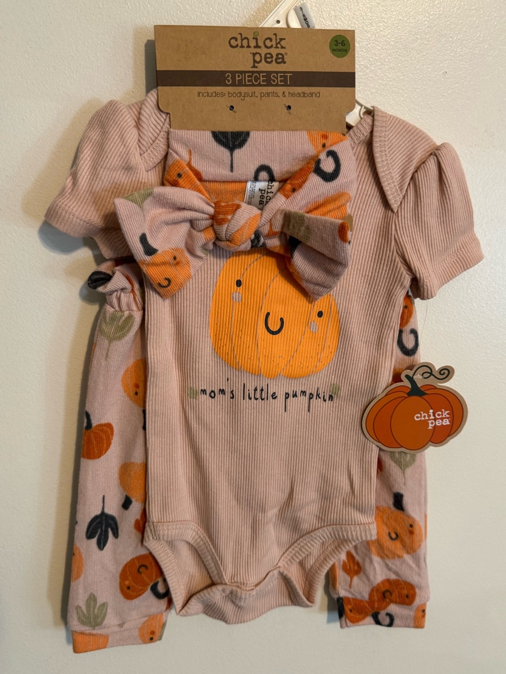 NWT Chick Pea Pink Pumpkin Ribbed Baby One-Piece with Matching Pants & Headband